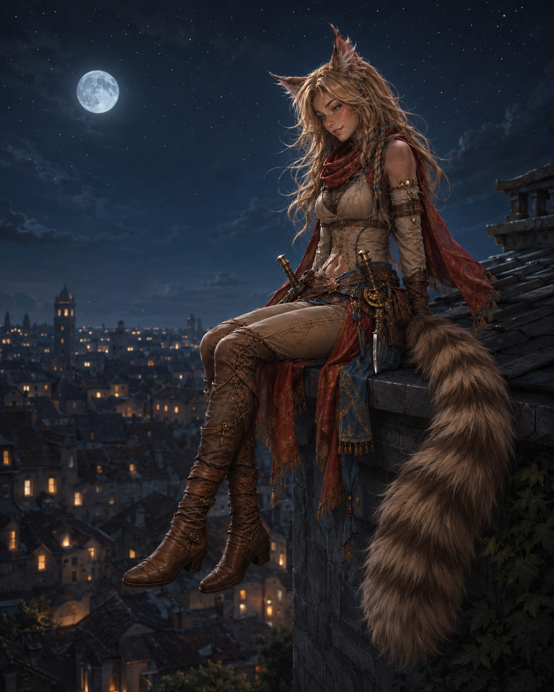Assise sur un toit au clair de lune